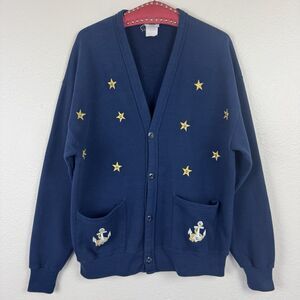 Vintage 90s Jerzees Embroidered Nautical Anchor Sweatshirt Cardigan Navy Blue OS